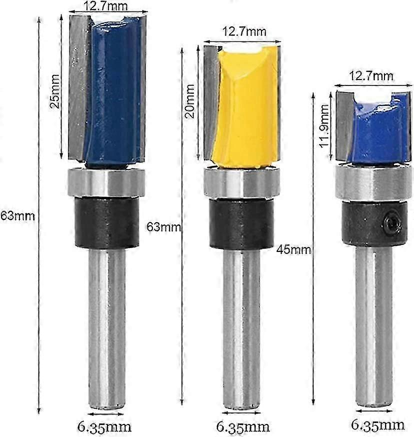 3 قطع 1/4 "(6.35 مم) عرقوب راوتر قالب تقليم مستقيم الشق القاطع للخشب دافق تقليم قالب راوتر القاطع الشق القاطع بت مجموعة تحمل الخشب