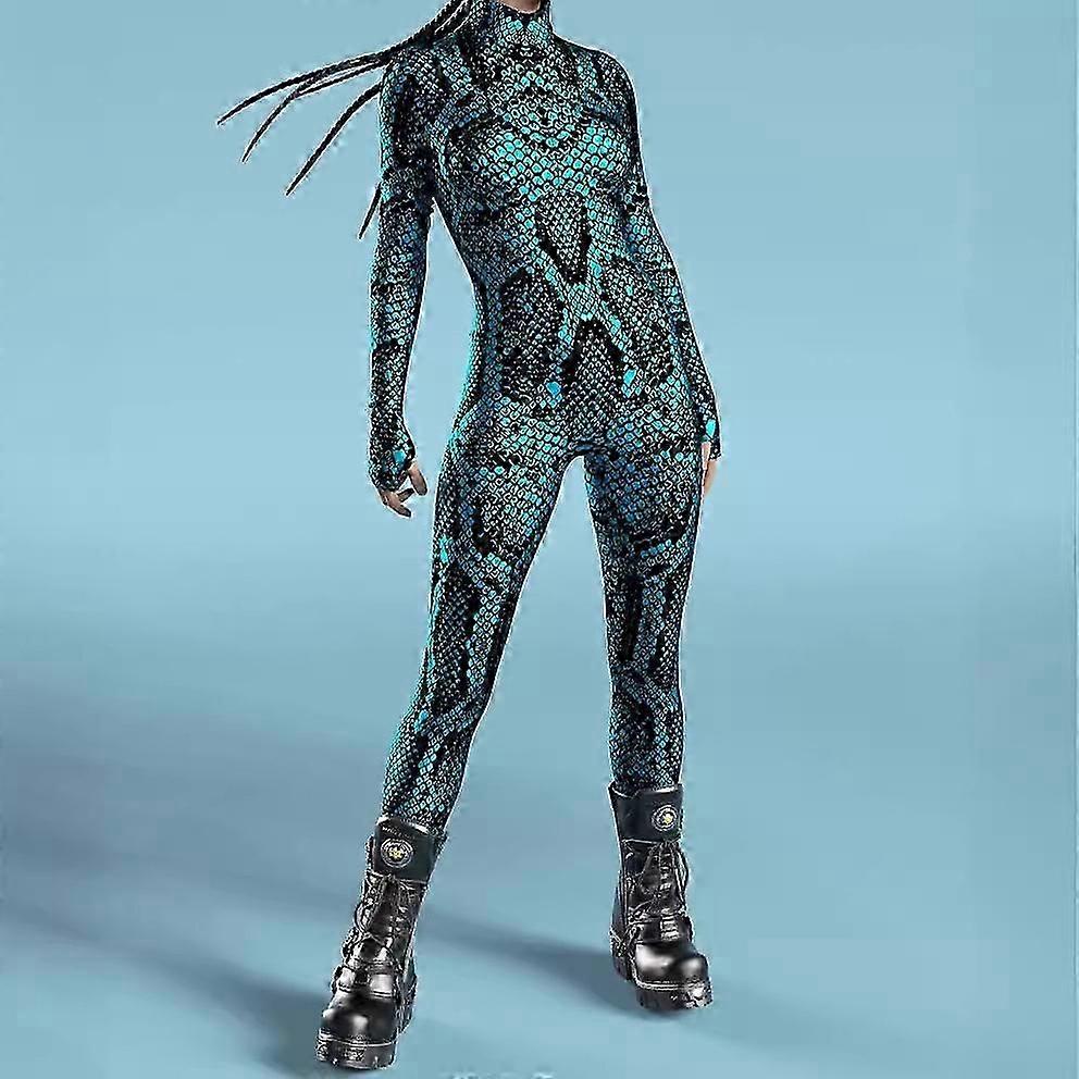 Yılan Baskı Tulum Cyberpunk 3D Baskılı Bodysuit Cadılar Bayramı Karnaval Partisi Kostümü Kadınlar Için