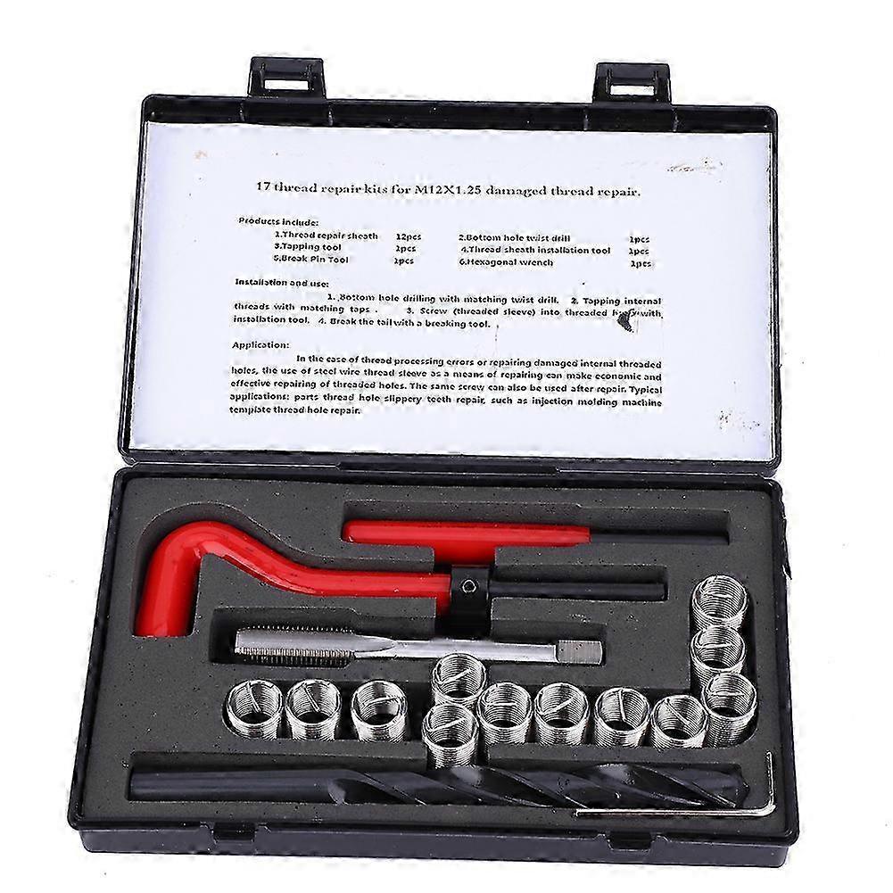 Kit de réparation de filetage 17 pièces, clé à mèche hélicoïdale en acier inoxydable, insert fileté M12 x 1,25
