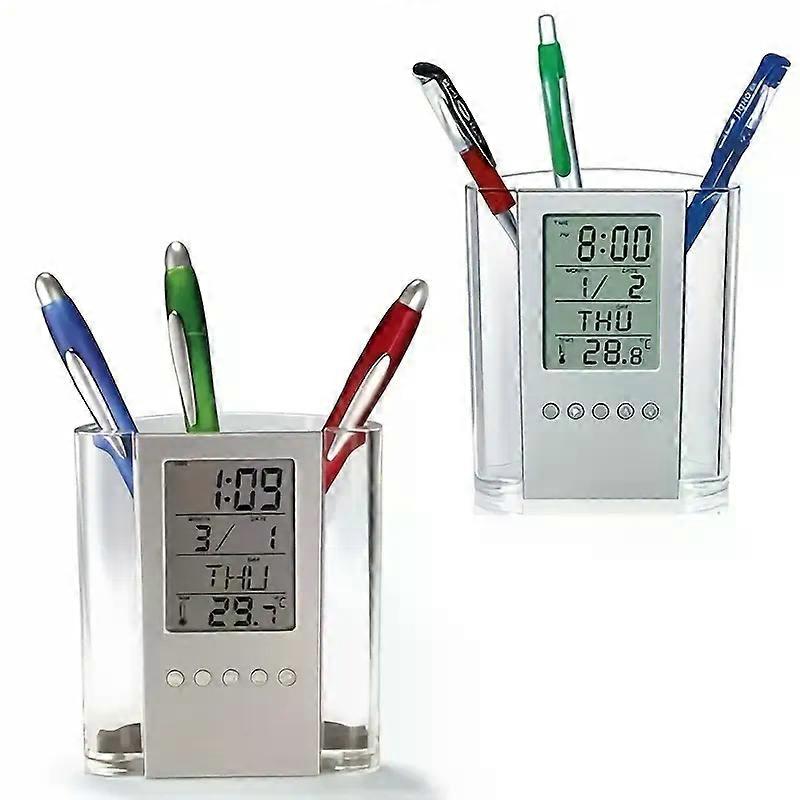 Digital Thermometer Pen Holder with Alarm Clock, Calendar, and Temperature Display - Battery Powered, Single Use, Multi-Function Office Accessory
