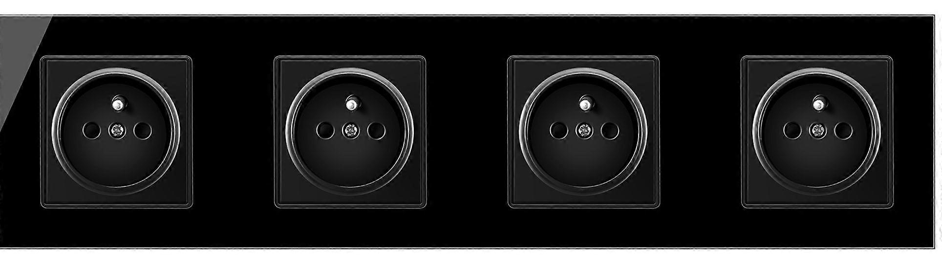 Eu Plug Power 4 Way Sockets 16A 250V Wall 4 Gang Outlets Black Glass Panel French Quadruple Socket