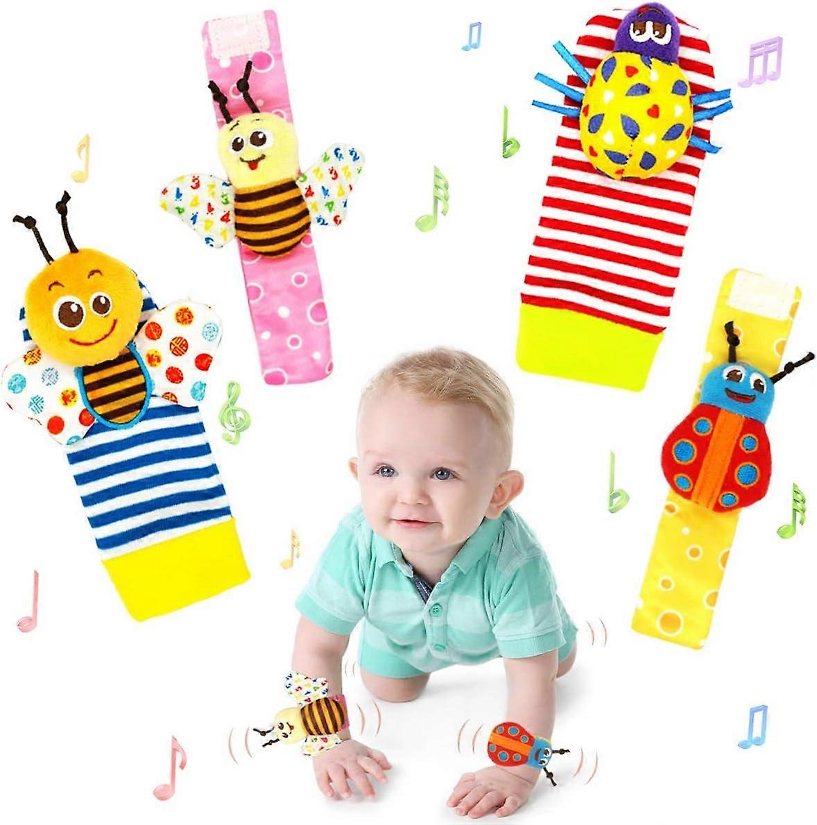 4 baby soft rattles, hand bells and sock toys