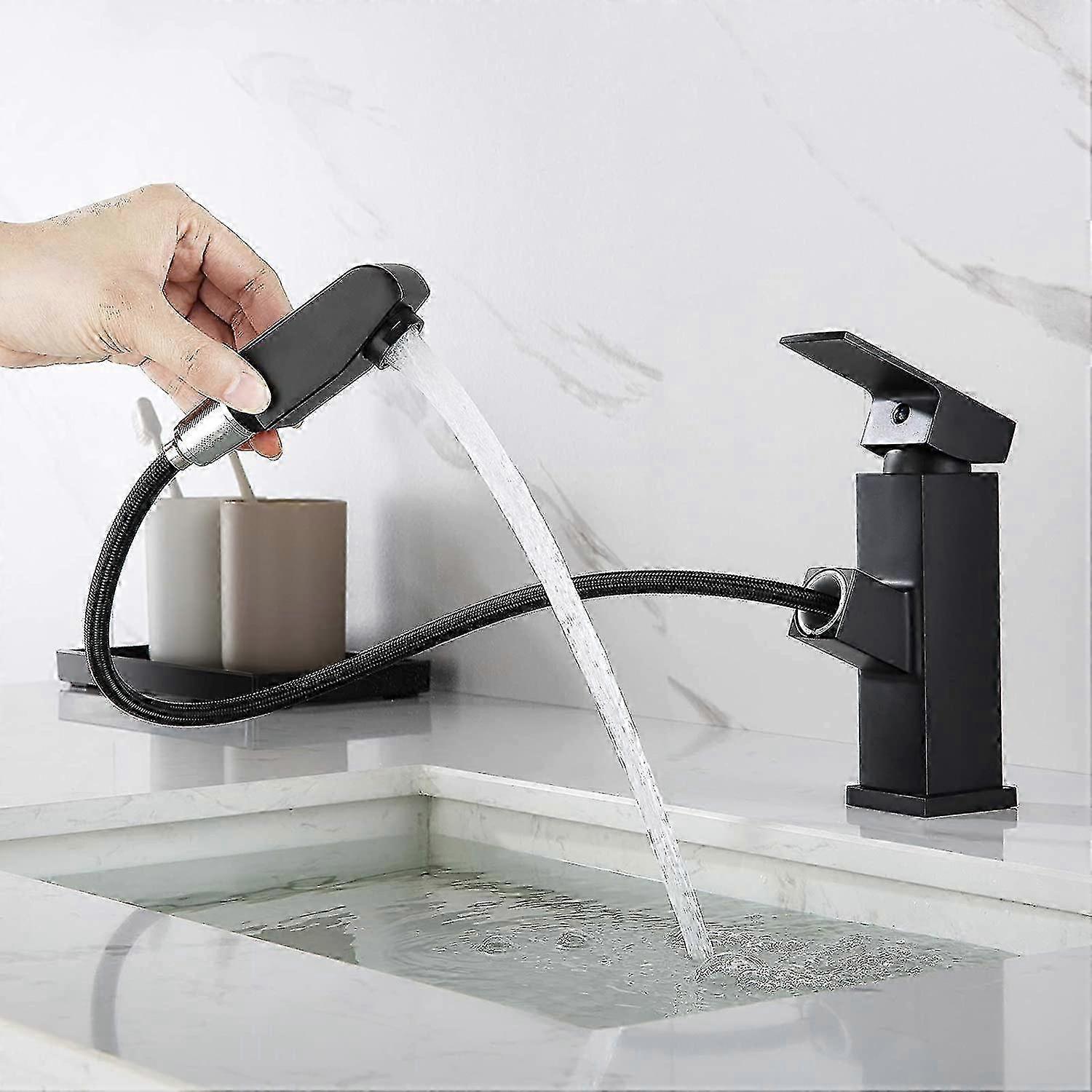 Black Basin Mixer Tap with Pull-Out Spray, 18mm Height
