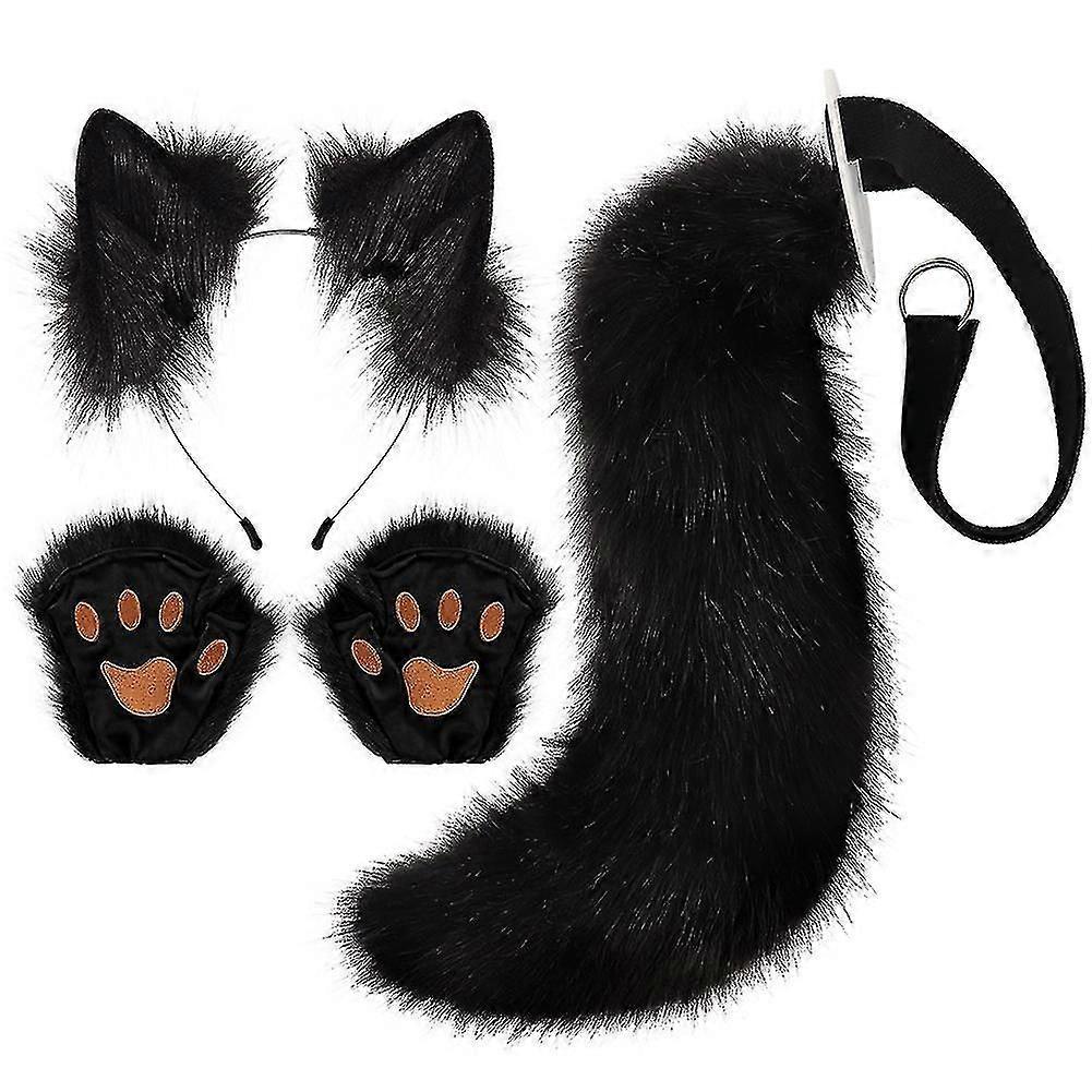 Faux Fur Fox Tail Cosplay Κοστούμι Σετ με Βελούδινη Μάσκα &; Γάντια Ποδιών για Αποκριάτικο Χριστουγεννιάτικο Πάρτι, Cat Wolf Ears