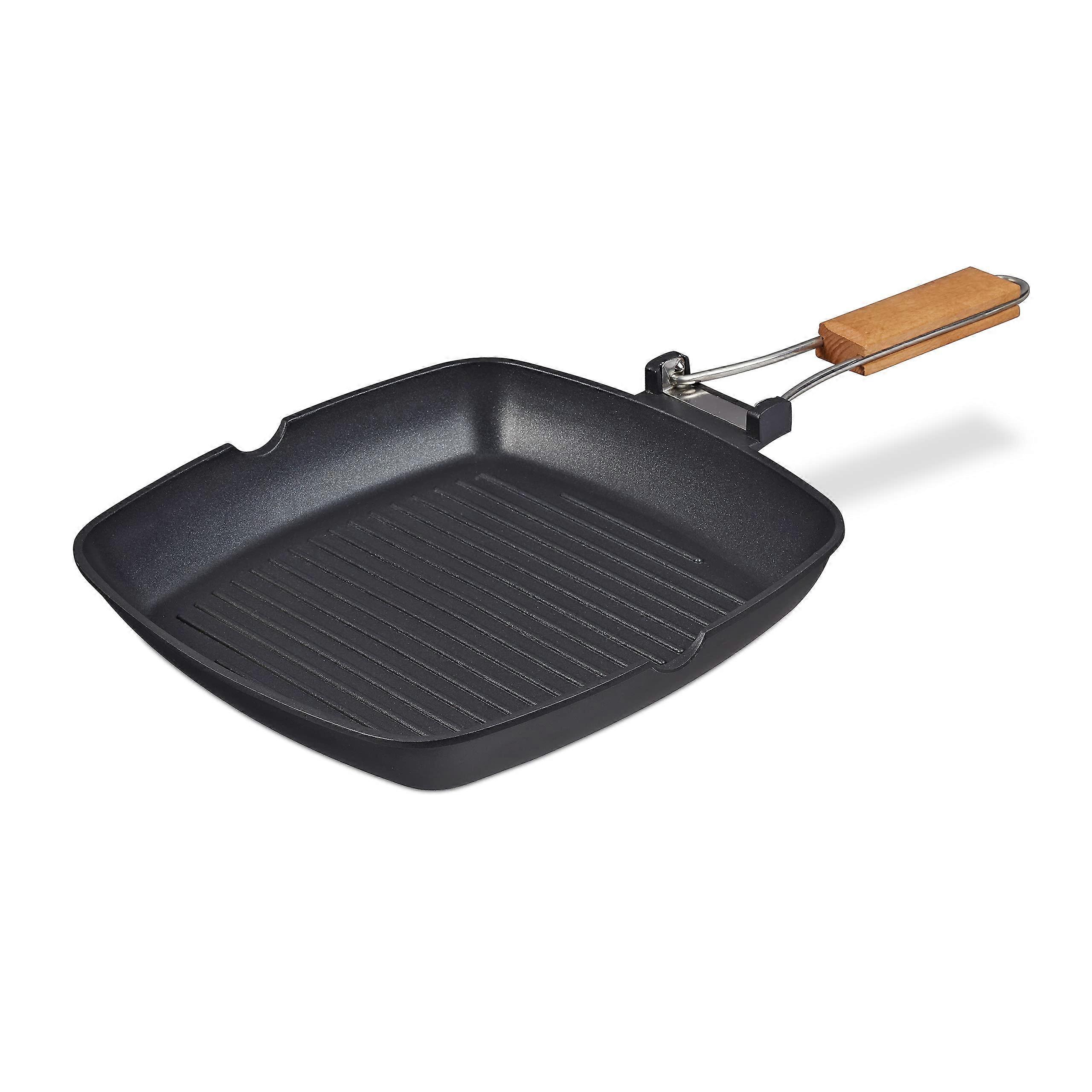 Grill Pan Suitable for Induction Cookers NonStick Coating Foldable Handle Aluminum Steak Pan 29 x 29 cm Black