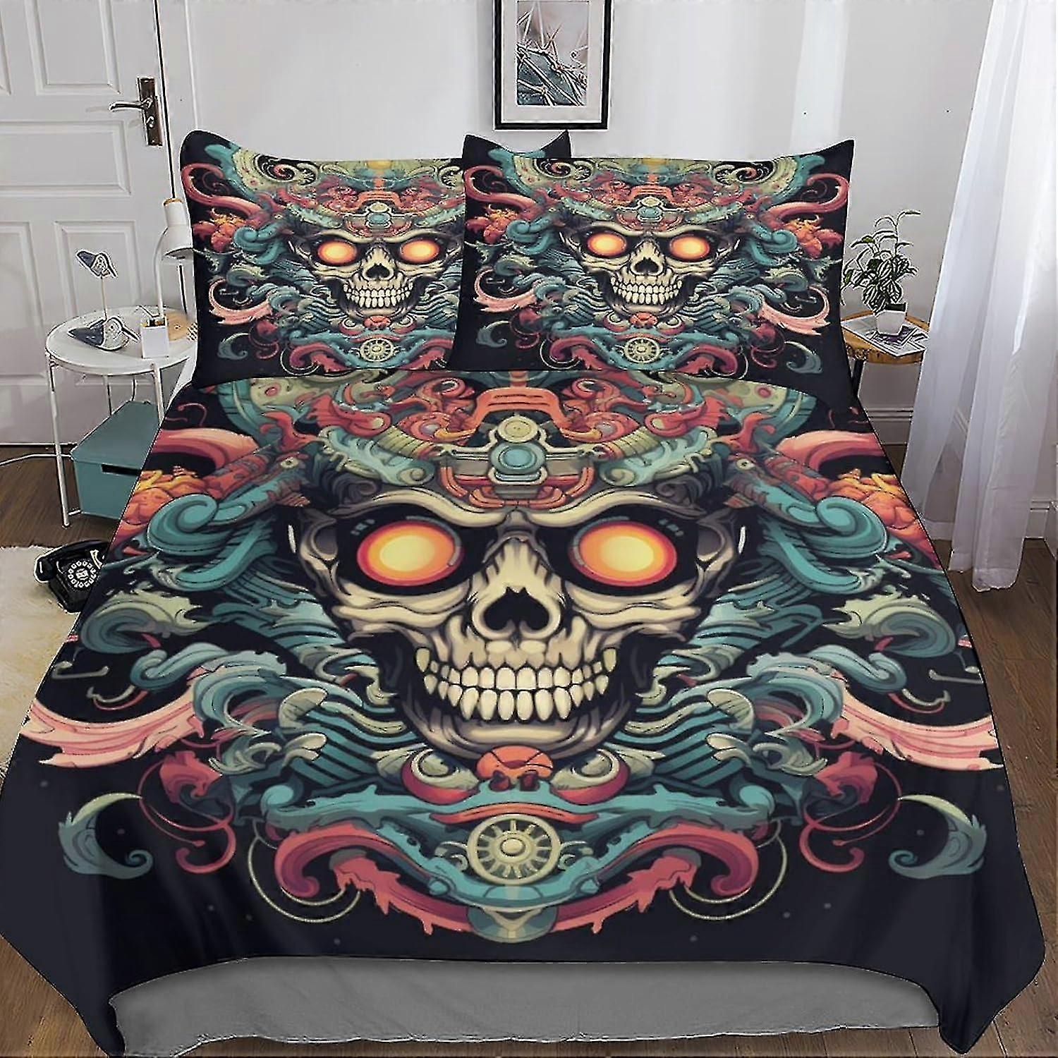 3D Printed Skull Flowers Duvet Cover Set Soft Microfiber Bedding for Adults and Kids 3 Pieces with Pillow Cases and Zipper