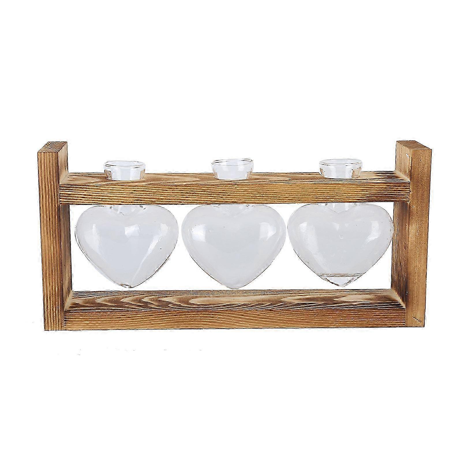 Innovative Flower Pot with Vintage Wooden Frame Transparent Tabletop Vase Home Decoration (3 Heart-Shaped Bottles)
