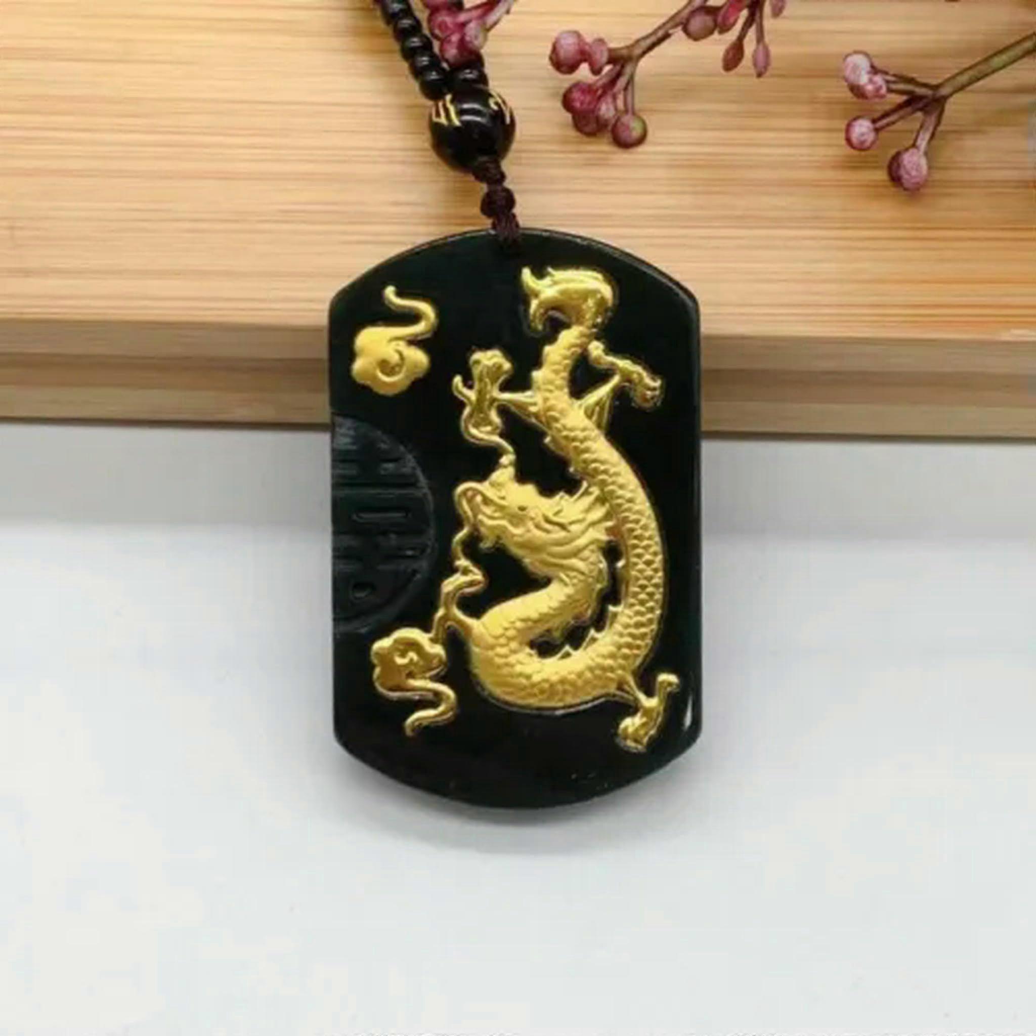 Natural Hetian Jade Dragon and Phoenix Pendant with Gold Inlay for Good Luck and Protection