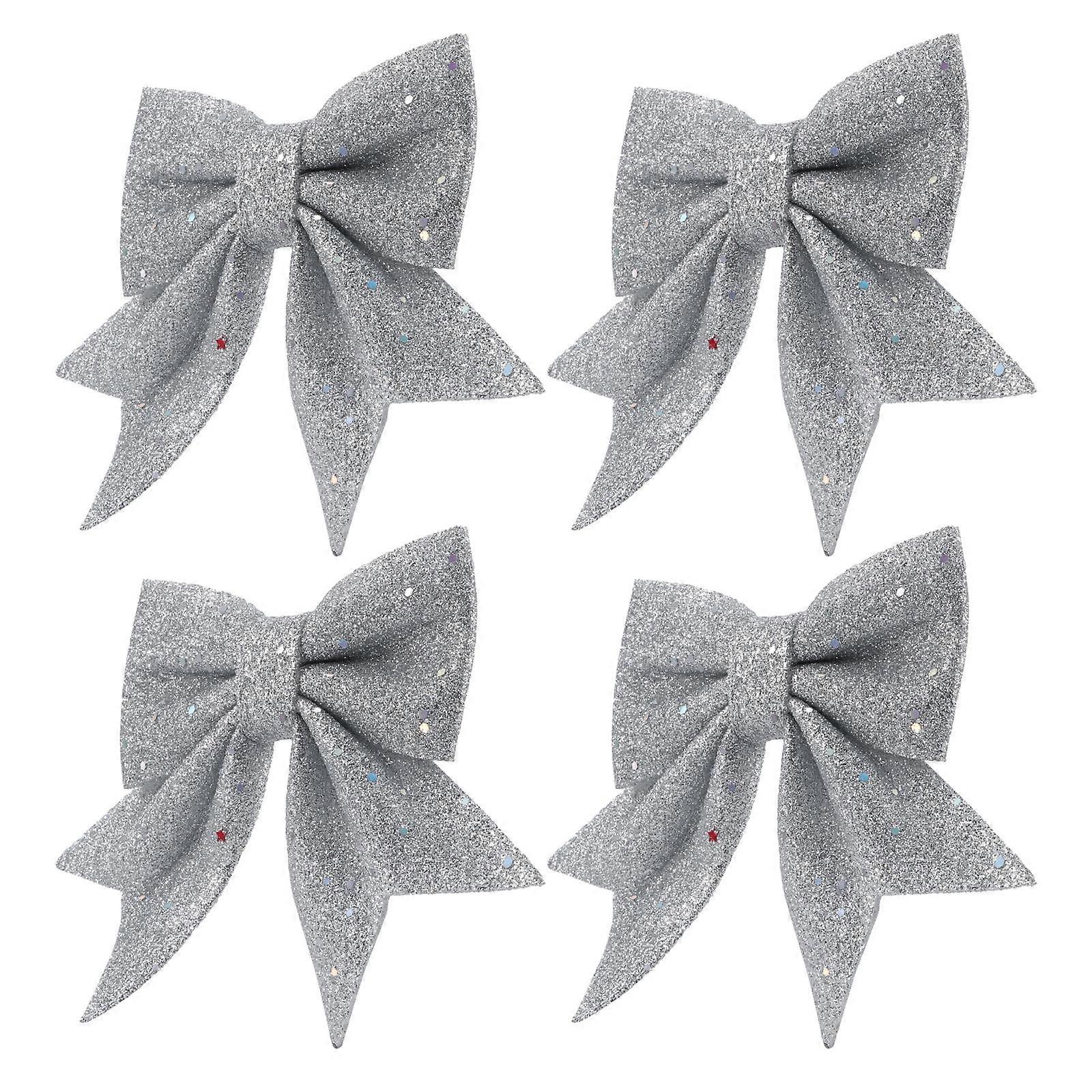 Shiny Christmas Tree Bow with Pearl Wool Material Silver Color for Decoration Reusable 4 Pieces