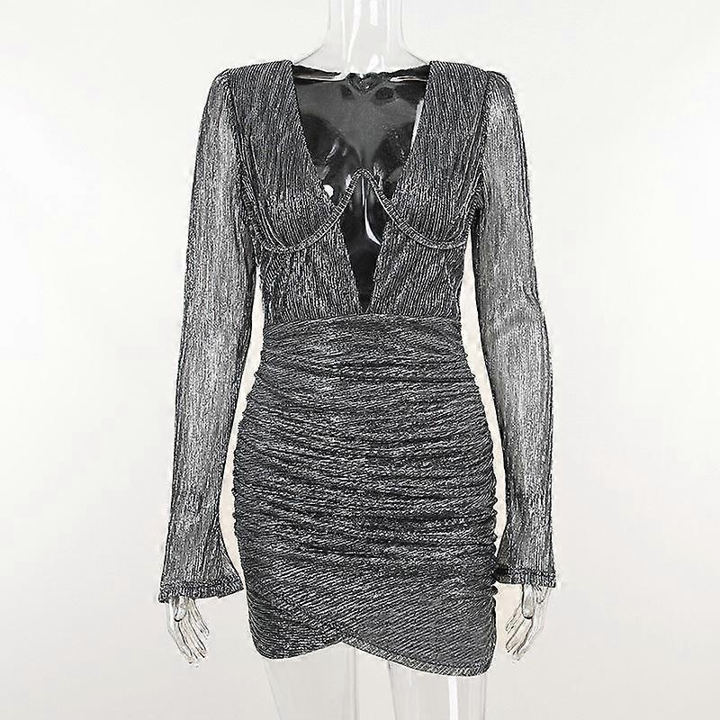 Women's Summer Deep V Pleated Long Sleeve Wrap Hip Casual Dresses