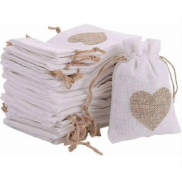 20 white jute bags with drawstring and heart pattern