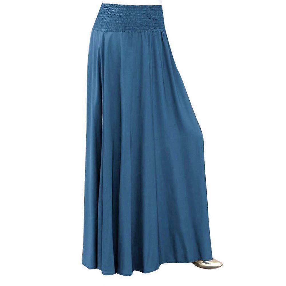 2025 Women's Elastic Waist Solid Pleated A-line Skirt, Vintage Long Loose Skirt in Blue, Size M, Asymmetrical Design