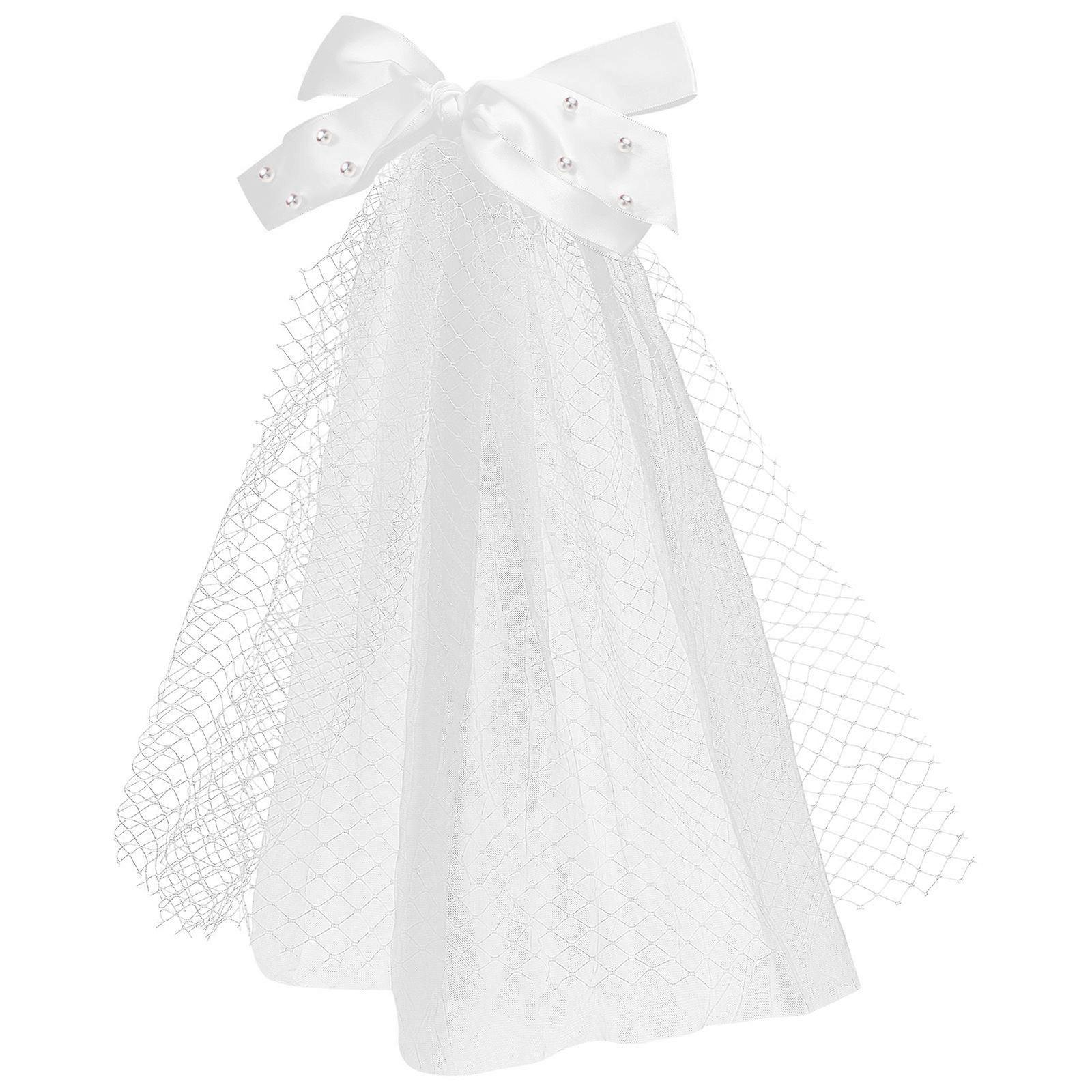 Bow Veil Bridal Veil Mesh for Wedding with Pearl Beads 2Pcs White