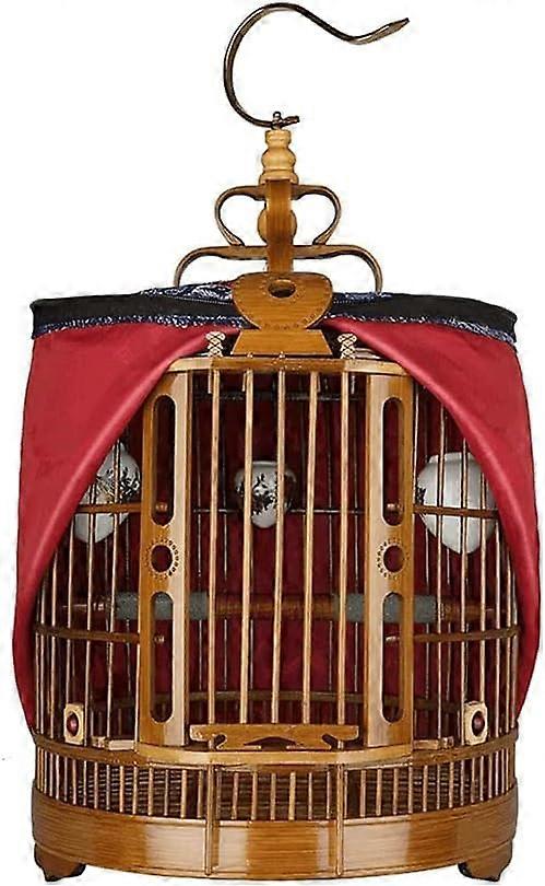 Bamboo Vintage Round Hanging Bird Cage With Rolling Stand For Small Birds Natural Bamboo Compact Size