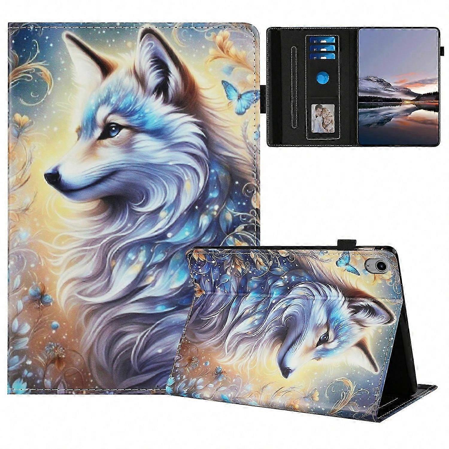For iPad 10.9 (2022) Case Pattern Leather Tablet Cover with Auto Sleep Wake, Card Holder - White Wol