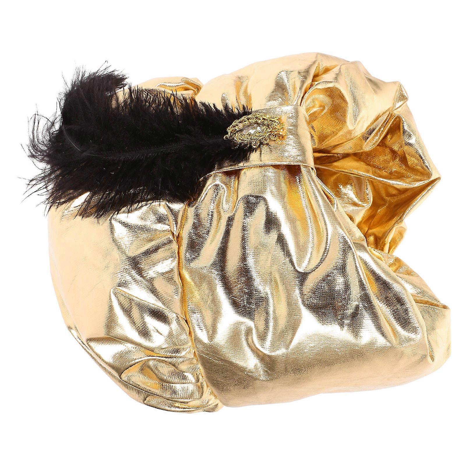 Plumed Arabian Style Hat 2Pcs For Cosplay And Performances Golden Satin Material Unique Design