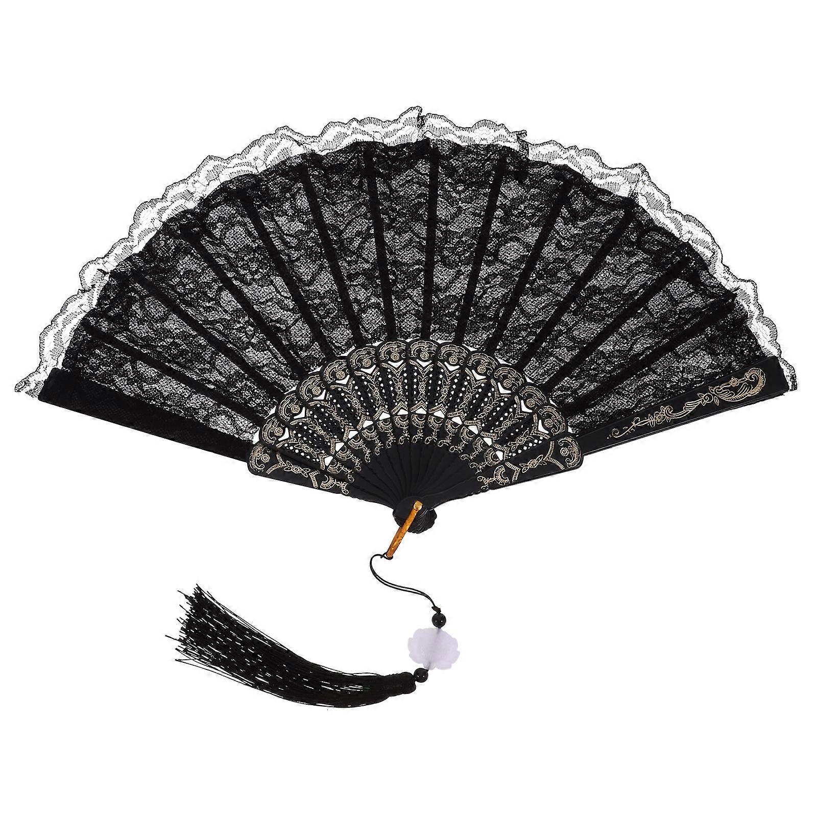 Lace Folding Hand Fan Black Handheld Fan Pp Material Cooling Function 1Pack