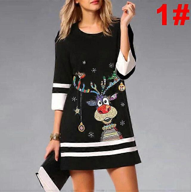 Womens Christmas Reindeer 3/4 Sleeves XMAS PRINT Party Mini Dress PLUS SIZE 6-20