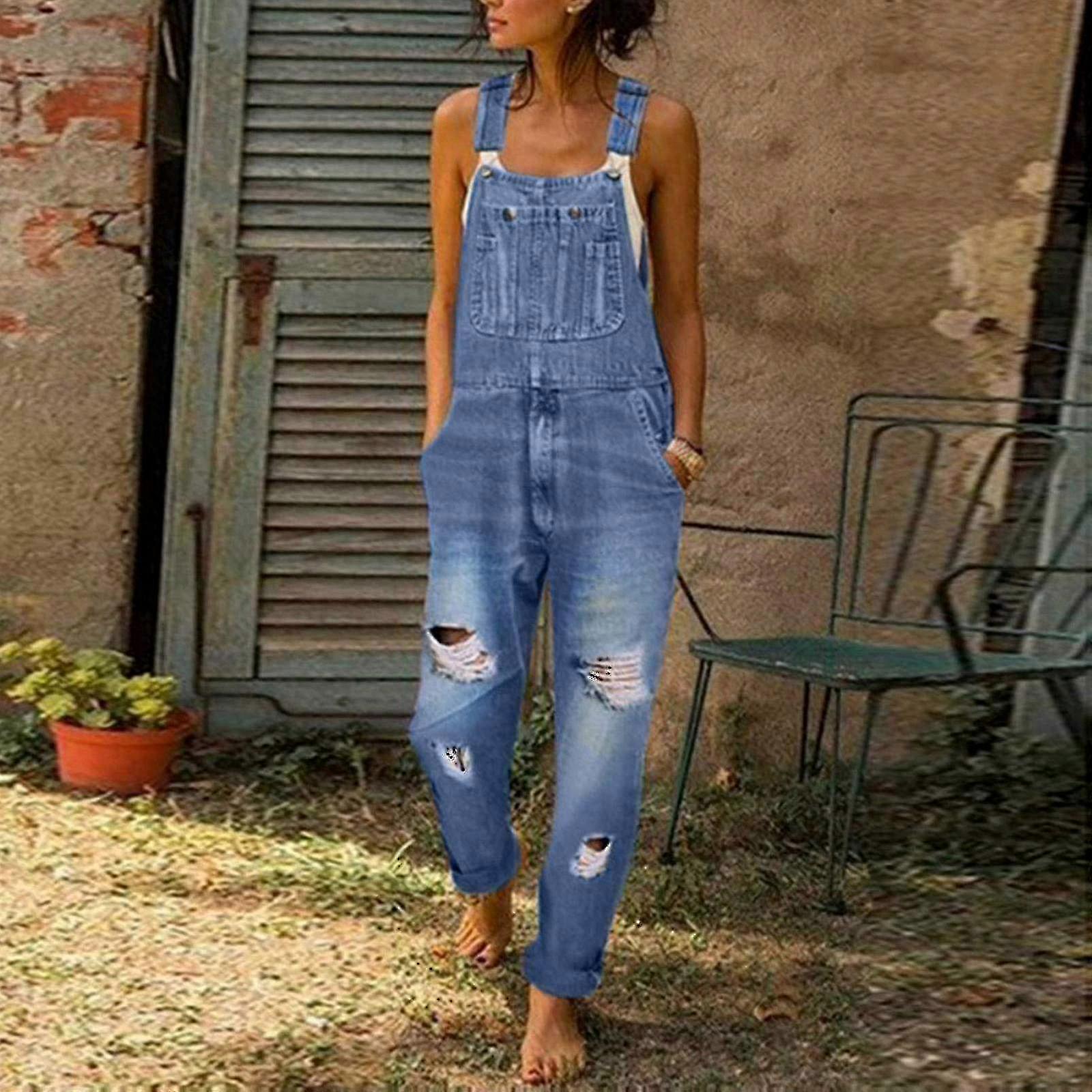 Women's Distressed Denim Bib Overalls Casual Ripped Jumpsuit Romper Washed Blue