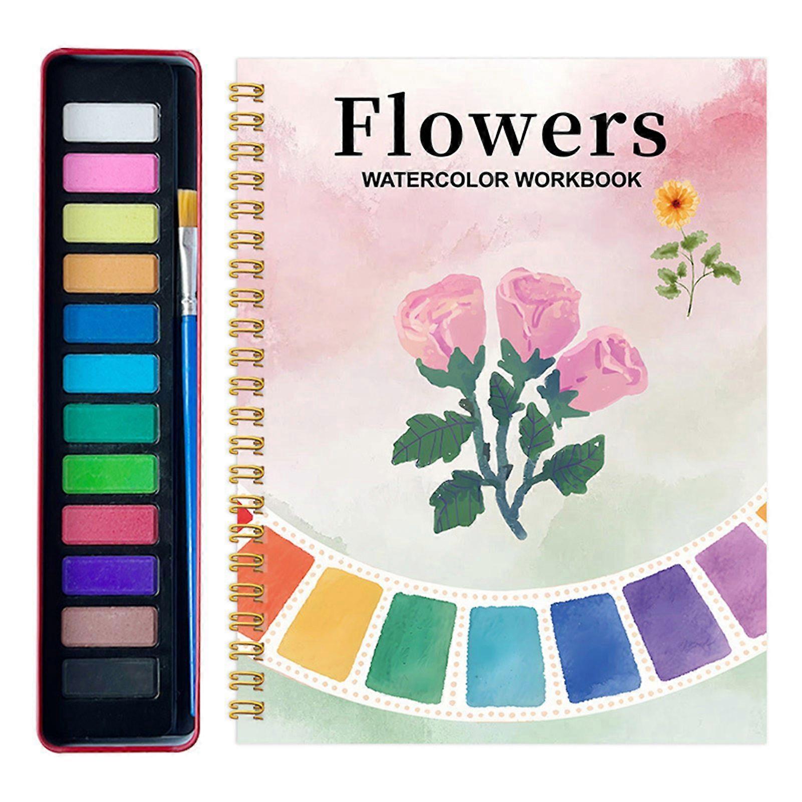Watercolor Painting Kit for Beginners Step-by-Step Painting Guide with 12 Colors Flower Animal Theme Practice Workbook for Learning Blending Technique