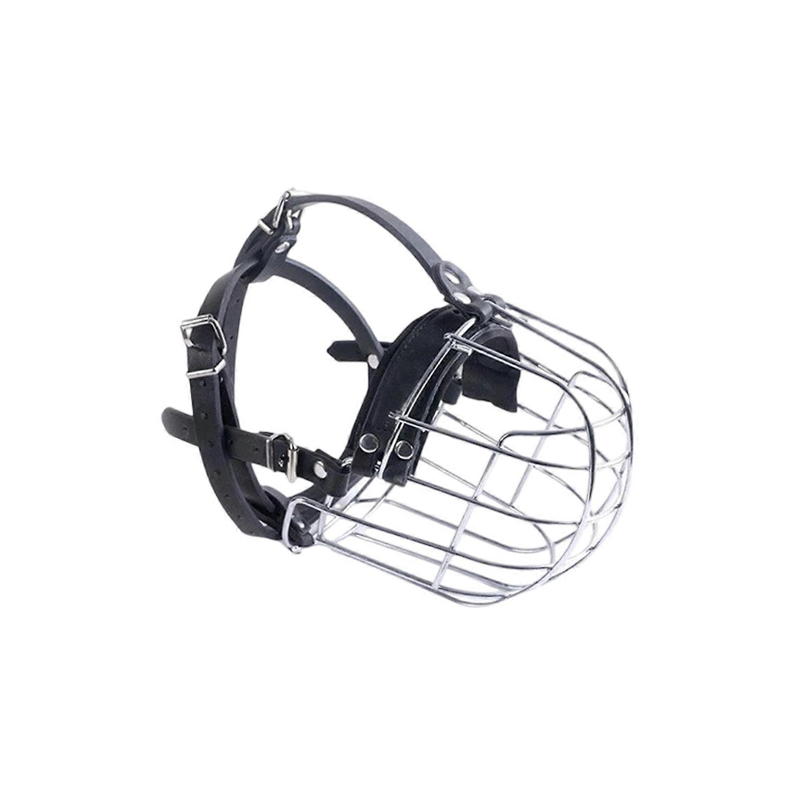 Metal Frame Dog Muzzle With Soft PU Padding Anti Adjustable Neck Belt For Large Training  Silver