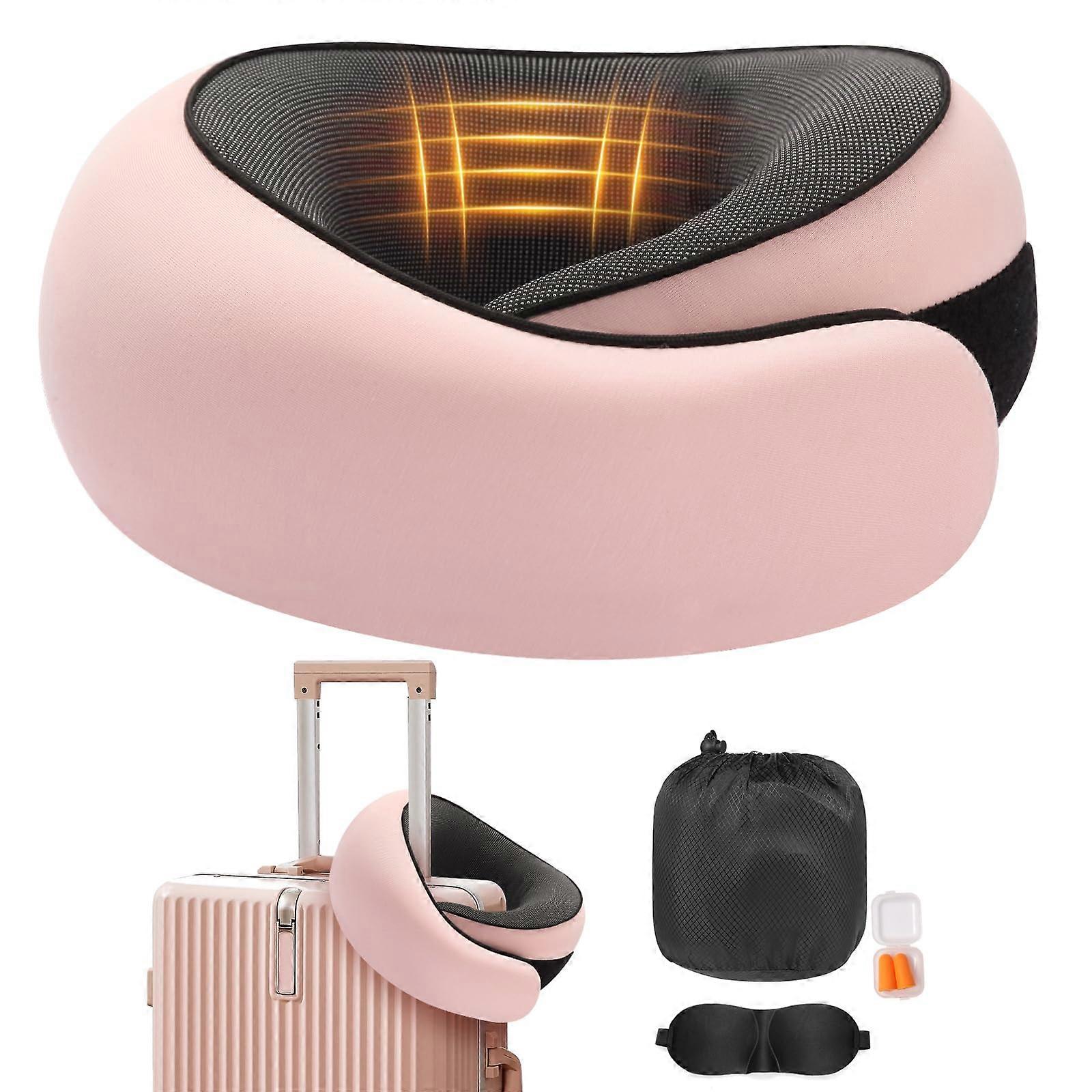 Memory Foam Travel Neck Pillow with Eye Mask and Earplug Case for Airplane, Car, Office – Pink