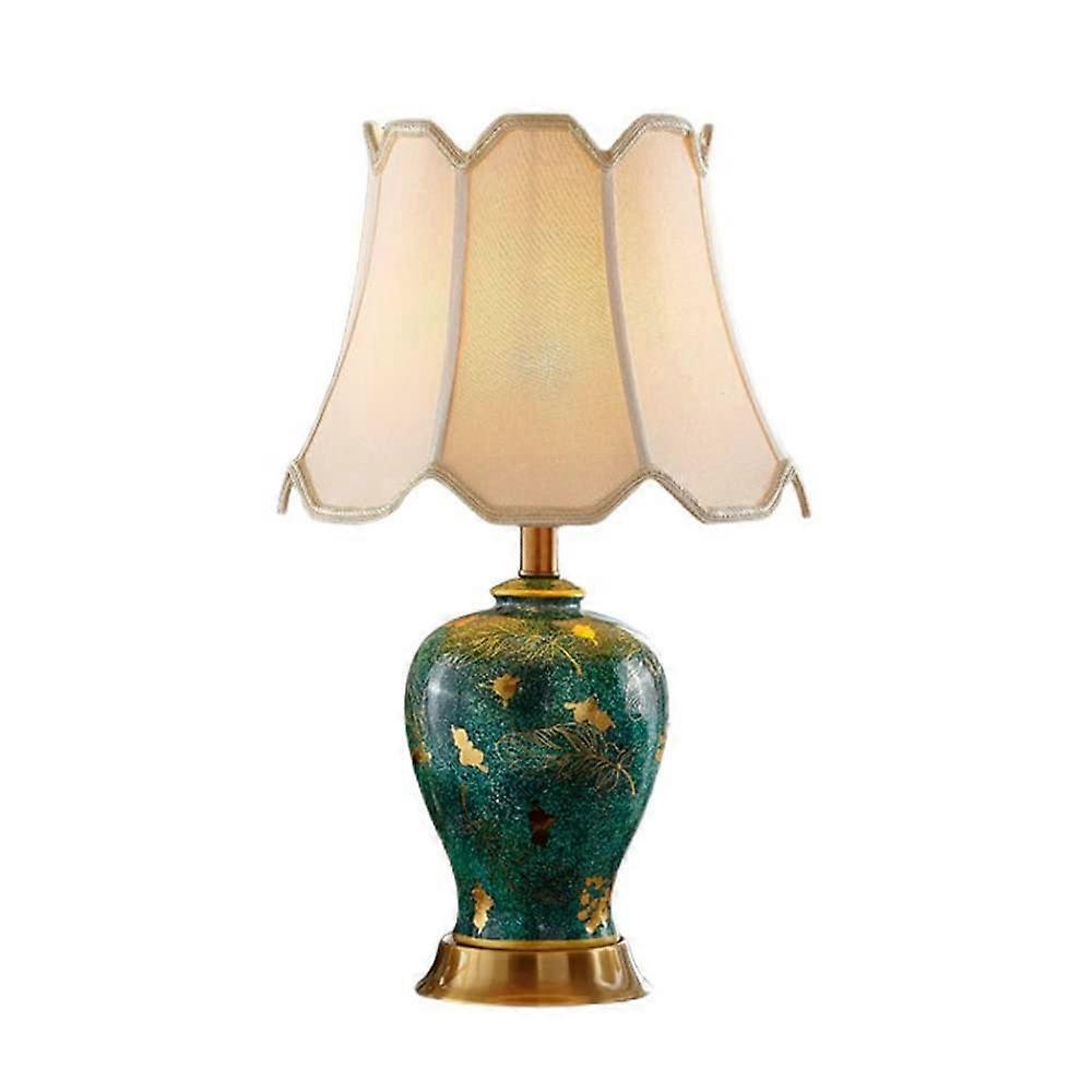 Ceramic Table Lamp with Linen Shade, Green Ginger Jar Design for Elegant Bedroom and Bedside Lighting