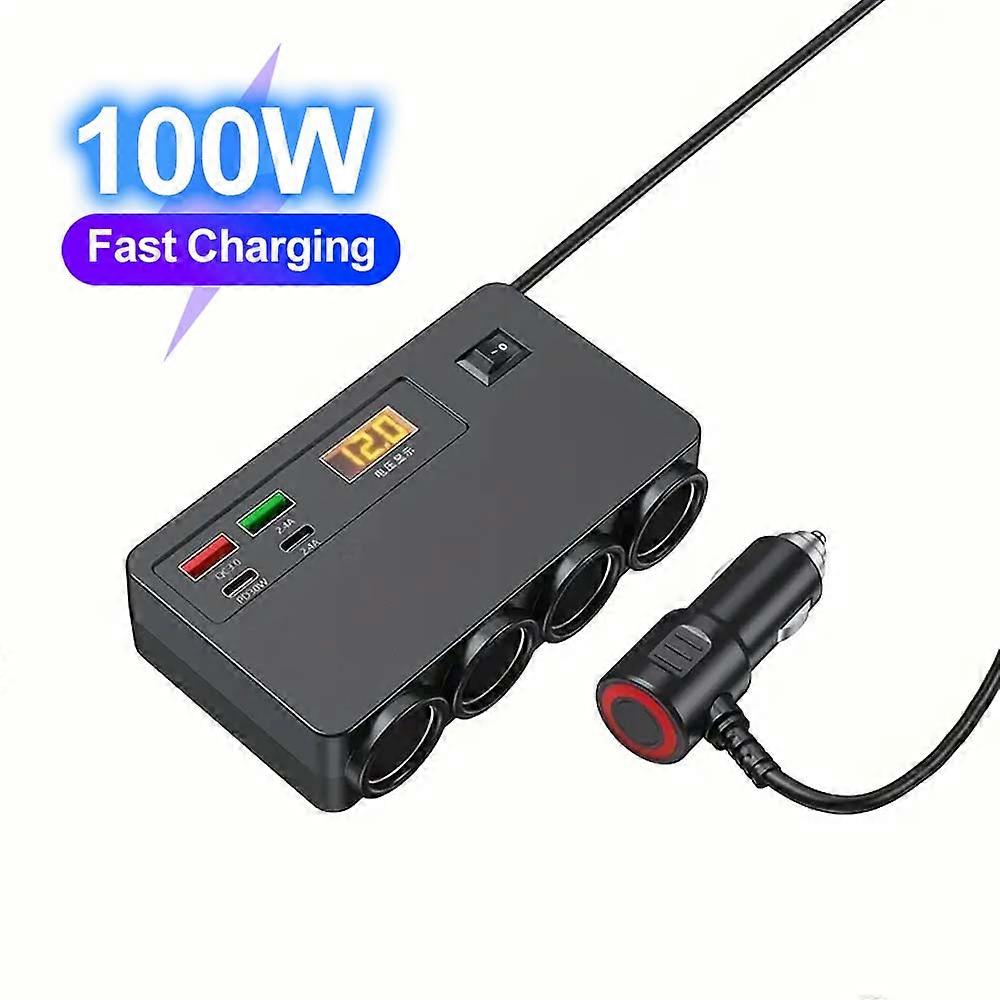 100W Multi-Functional Vehicle Charger USB/TYPE-C Fast Charging Four Conversion Interfaces, With Digital Voltage Display