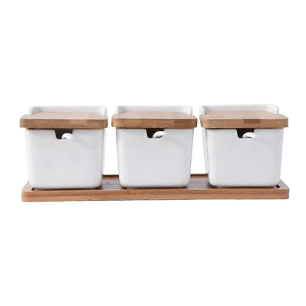 Ceramic Spice Jar Set Temperature Fired Square Sugar Bowl with Lid for Kitchen Storage