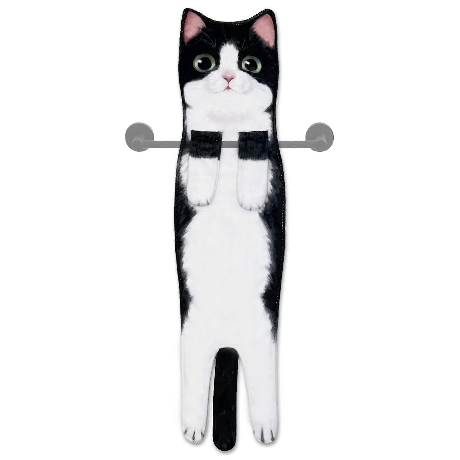 Cat Hand Towel with Snap Button Paws, Soft QuickDry Hanging Towel for Bathroom Kitchen Black White