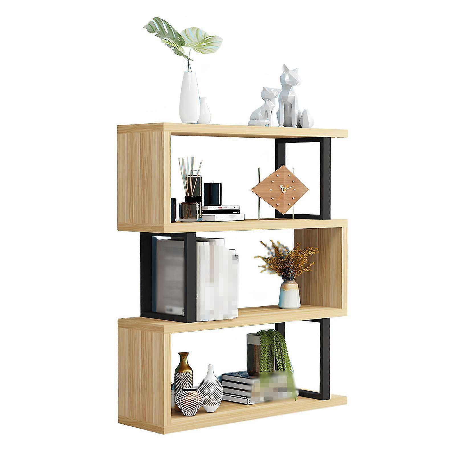 S Shaped Bookshelf Room Divider, 3/4/5Tier Modern Metal and Wood Bookcase with Large Storage