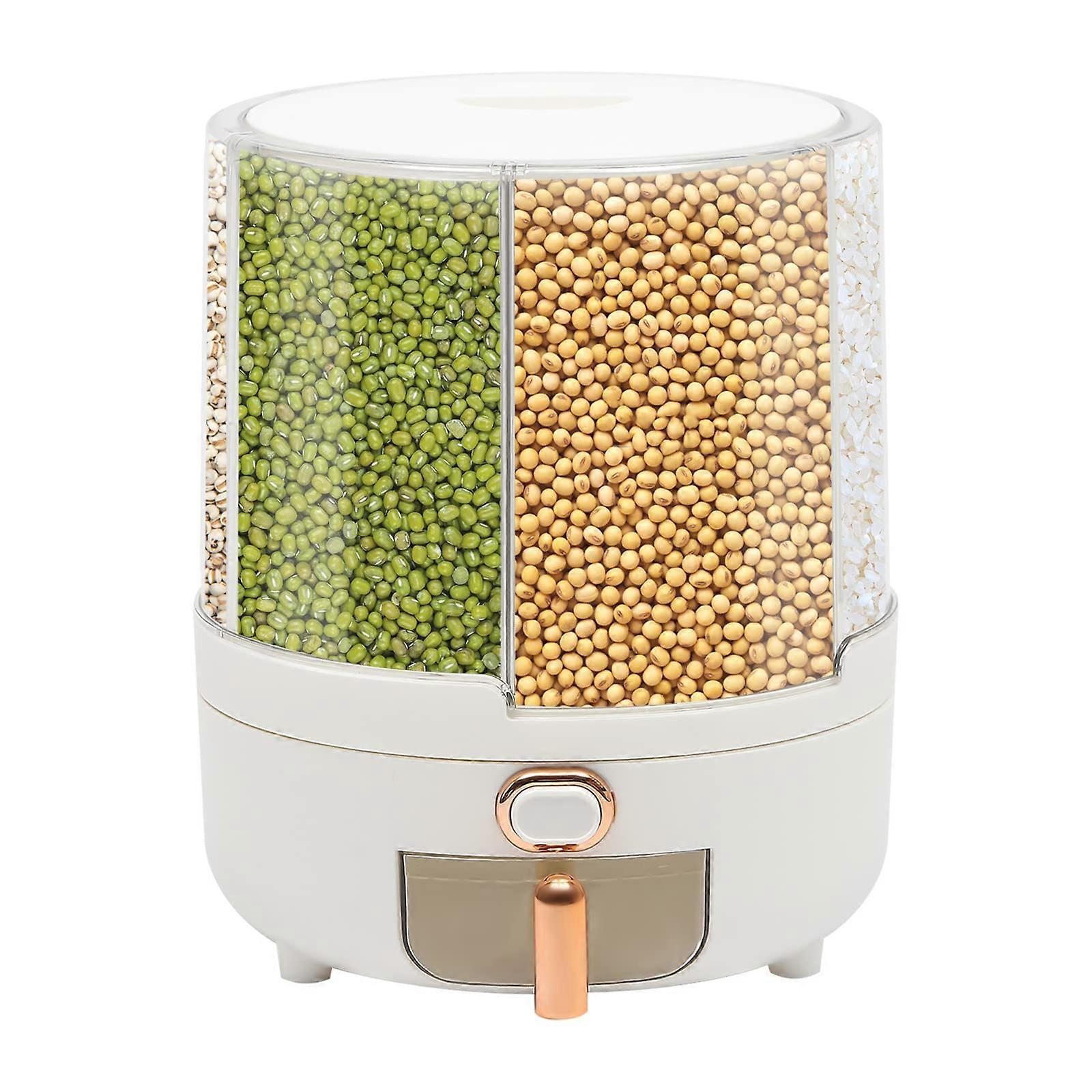 Large Capacity Rice Dispenser with 6 Compartments, 360° Rotating Cereal Storage Container, 14.3lbs