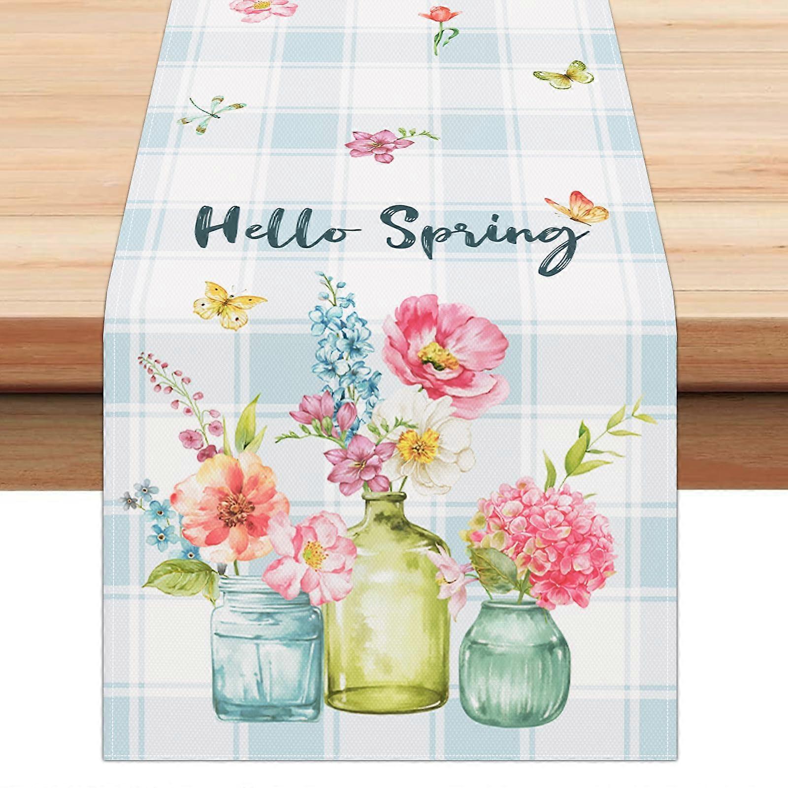 Spring Table Runner 13x72 Hello Spring Buffalo Plaid with Floral Butterfly Design Faux Linen Decor