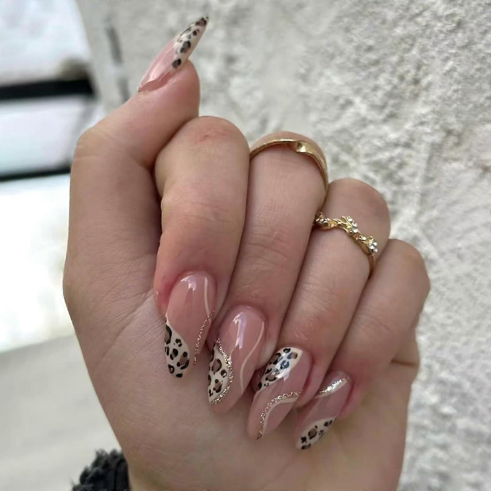 Leopard French Almond Press On Nails with Gold Sequins, Medium Acrylic False Nails