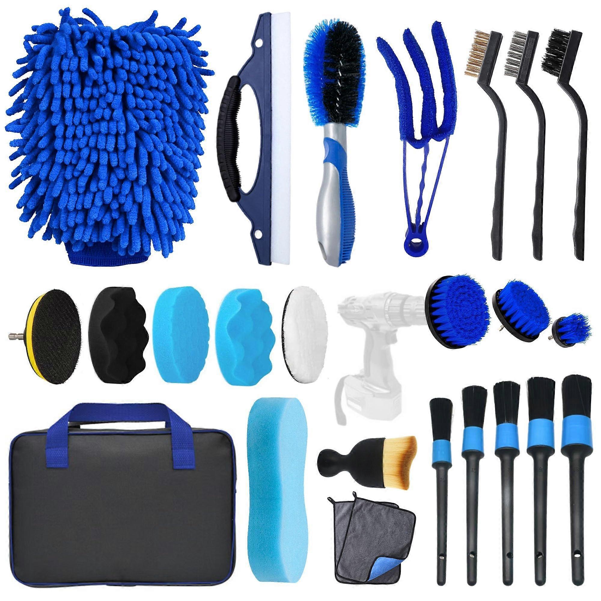 Professional Car Detailing Kit 24PCS with MultiSize Brushes, Microfiber Gloves, Drill and Tire Tools