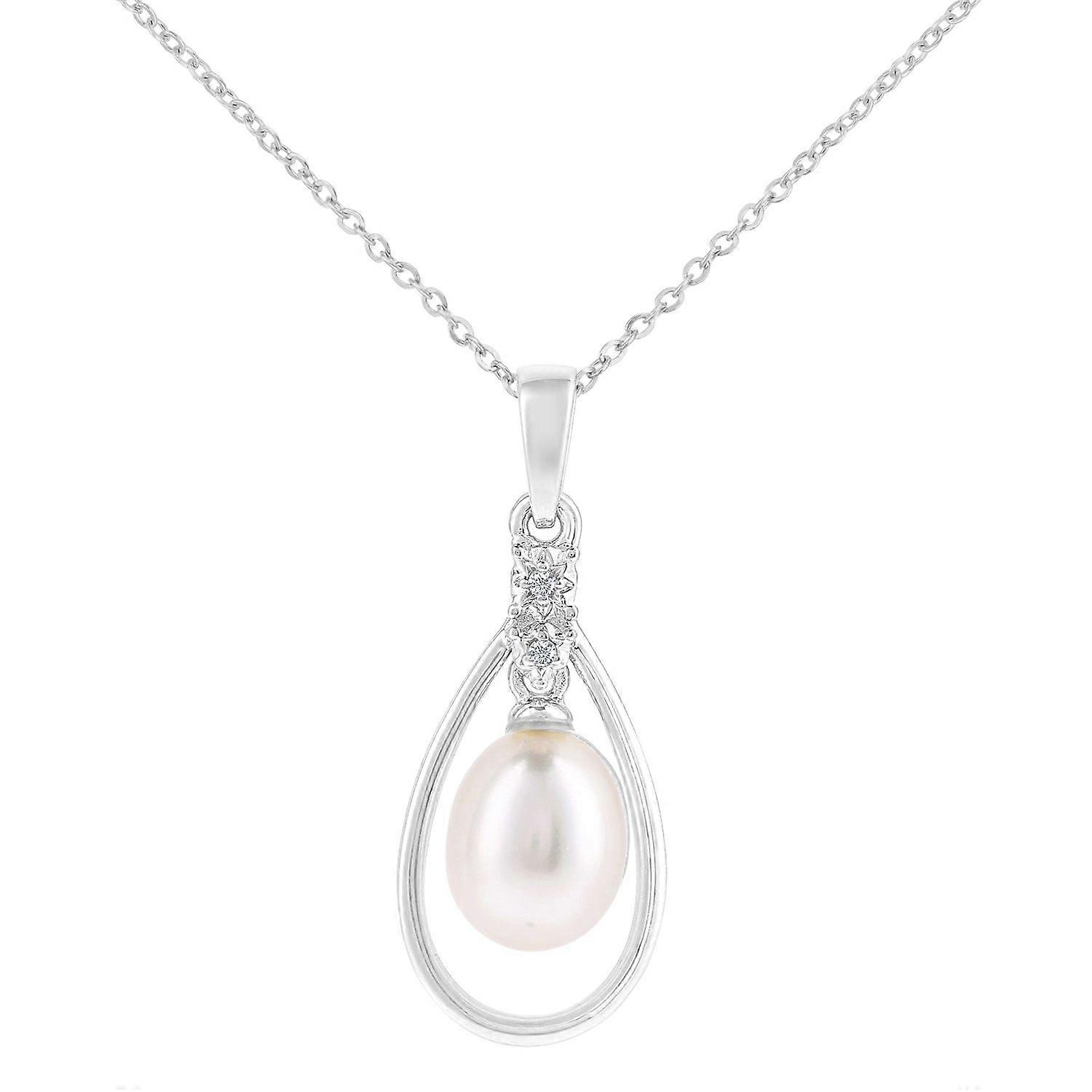 Jewelco London 9ct White Gold Round 1pts Diamond Oval Pearl 7x9mm Teardrop Pendant Necklace 18 inch 46cm