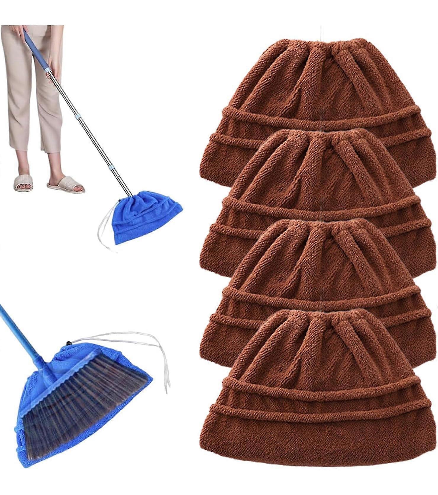 Microfiber Broom Mop Cover with Adjustable Drawstring, Dry and Wet Use, Washable Reusable, 4 Coffee
