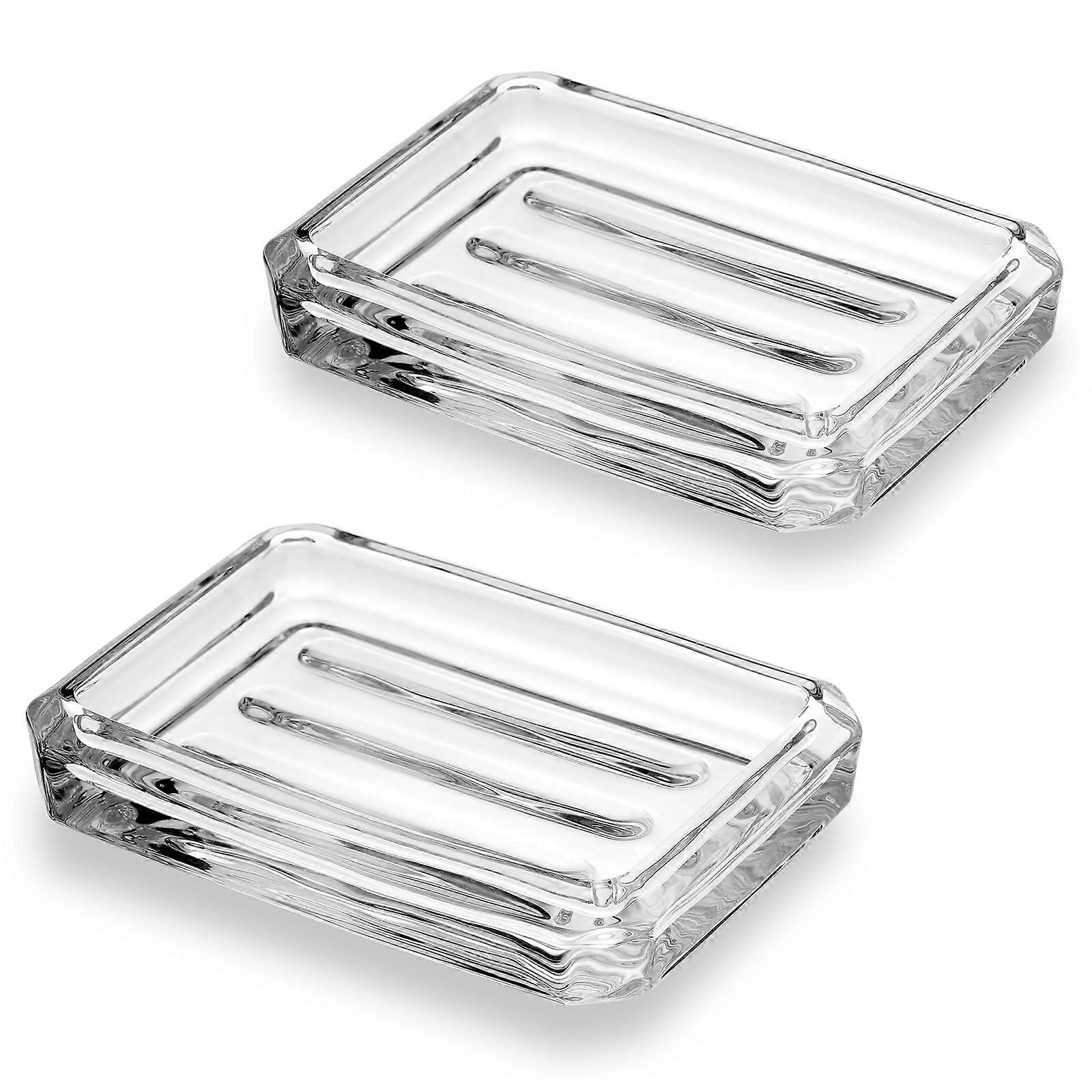 2 Pack Rectangular Glass Soap Dish with Drainage for Bathroom and Kitchen Sink