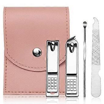 Manicure Pedicure Kit Pink Stainless Steel 4Pcs Nail Care Set with PU Leather Travel Case