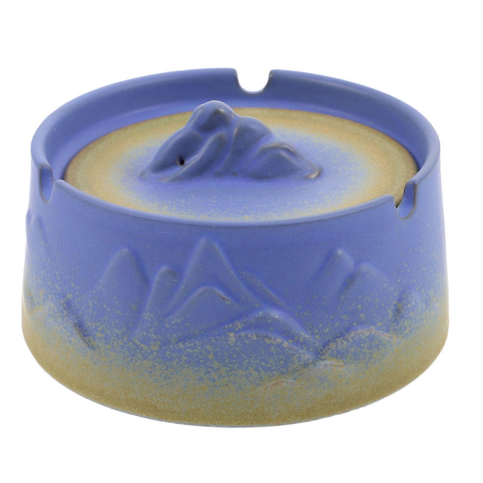 Blue Ceramic Ashtray for Windproof Function with Lid Portable Outdoor Use