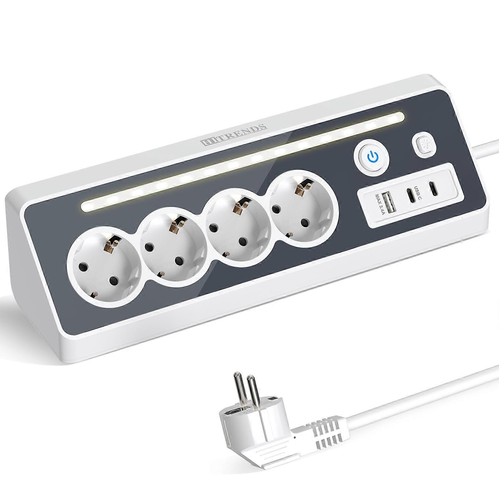 Corner Socket EU plug Power Strip with LED Light, 1.5m cable, 2 switches, Multiple Socket with USB and 2 Type-C for office