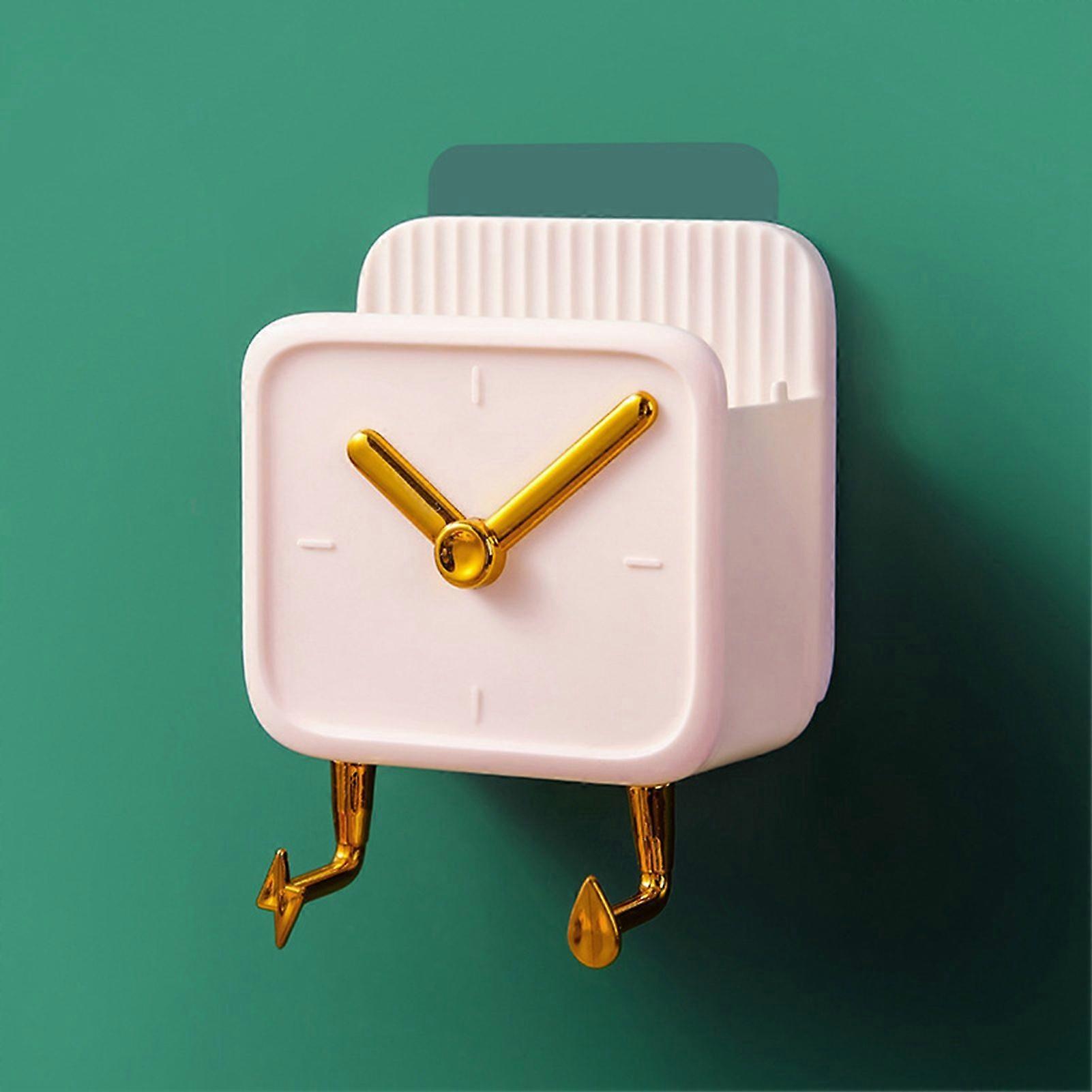 Wall Mounted Storage Box PP Clock Shaped Multifunctional Container with Hooks compatible Dormitory Bedside White