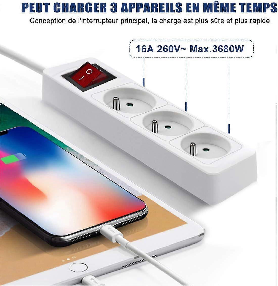 3-socket power strip 16A 2P + T with switch, 3-socket block, 3m extension cable