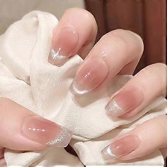 Coffin Press On Nails Set Red French Silver Cat Eye Glitter Fake Nails Reusable 24PCS