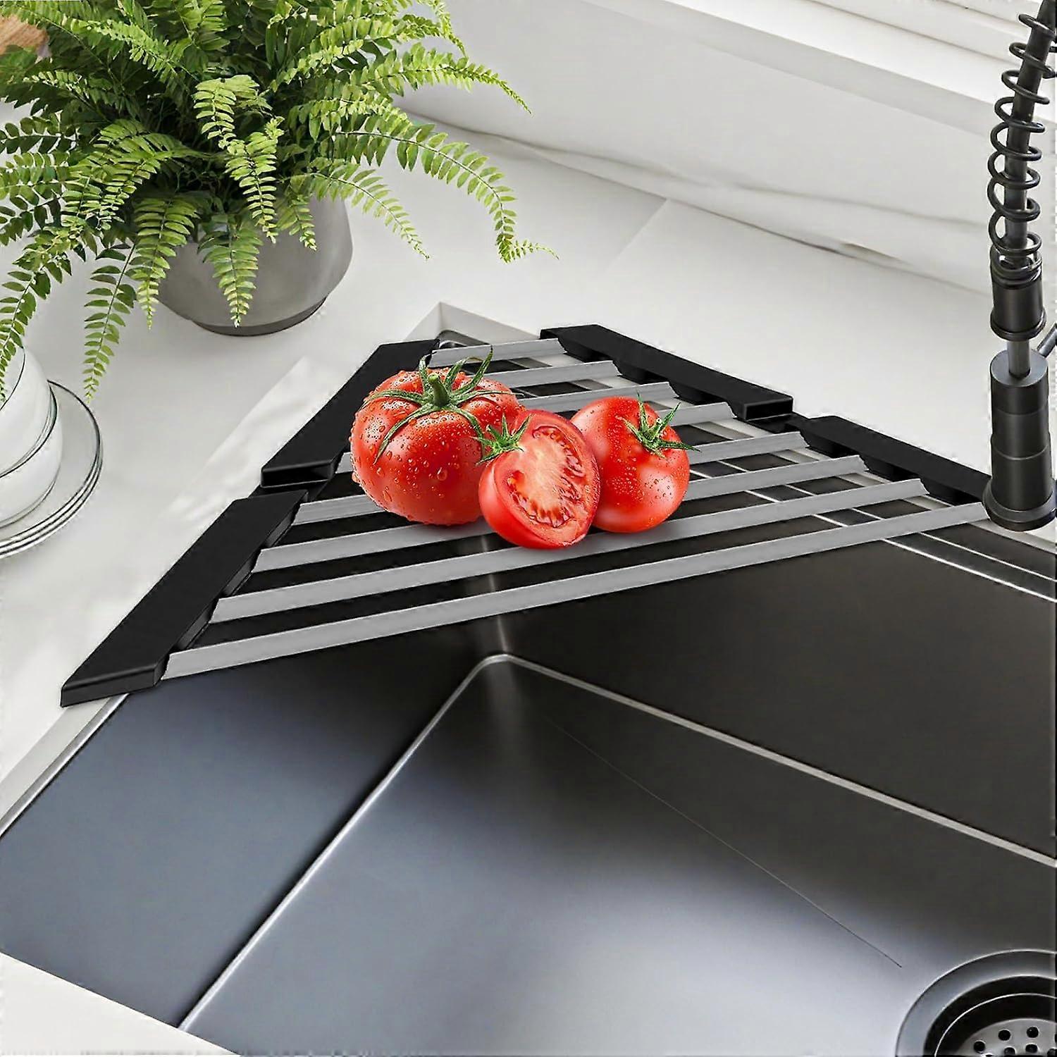 Small Foldable Triangular Dish Drainer for Sink Corners, Removable, wi