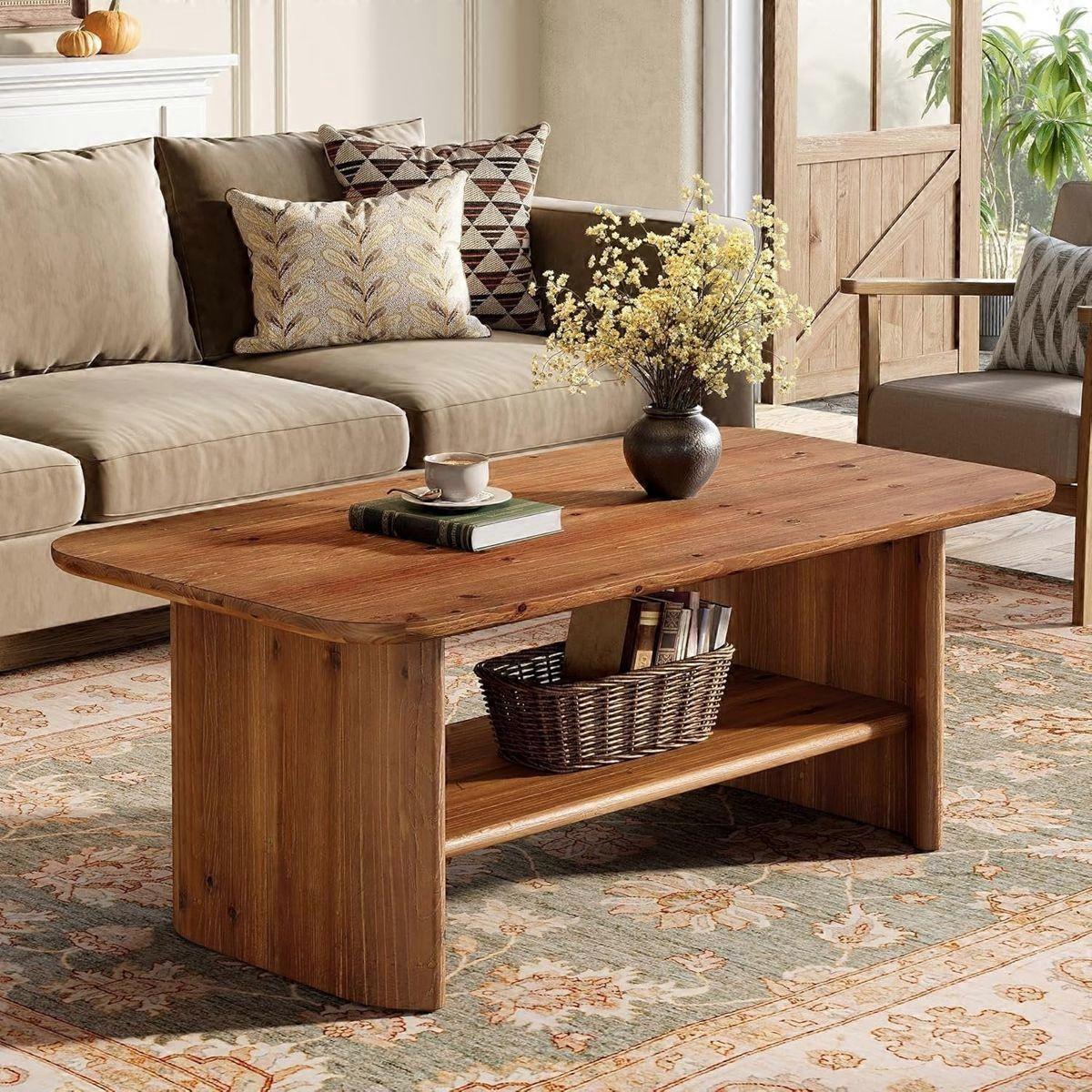 Rectangular 120 cm solid wood coffee table, 2-tier living room table with storage space