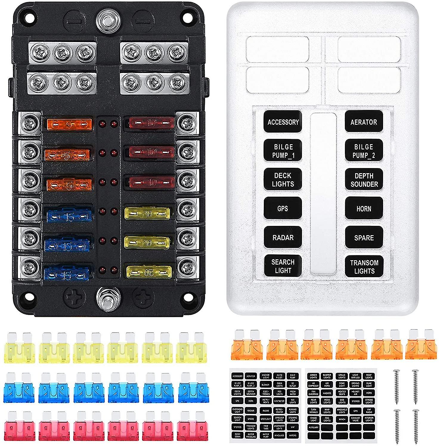12 Way Teardrop Fuse Holder, Fuse Box With 24 Fuses 12 Led Lights Protective Cover For Car Boat Motorhome