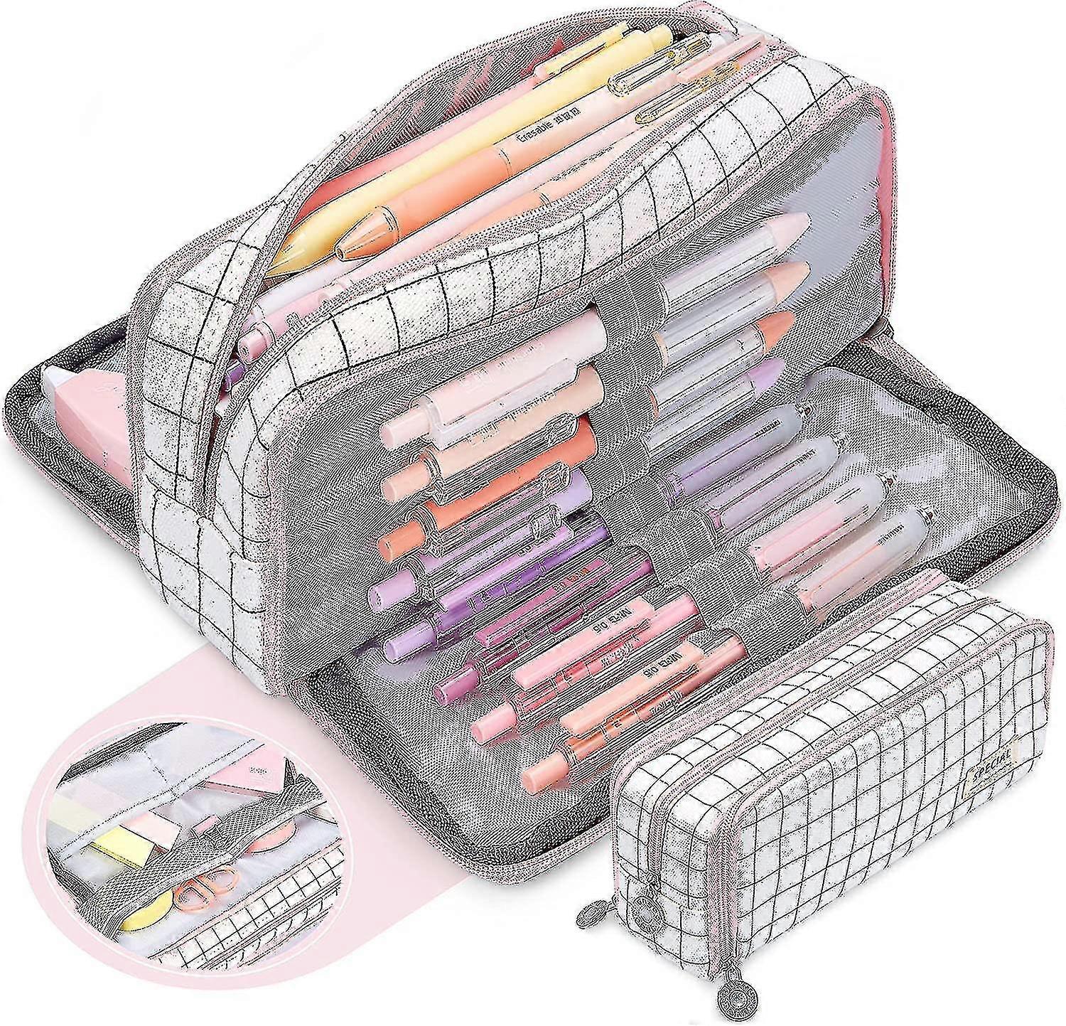 Large Pencil Case, Large Capacity Pencil Case With 3 Compartments, Makeup Bag Portable Office Statio