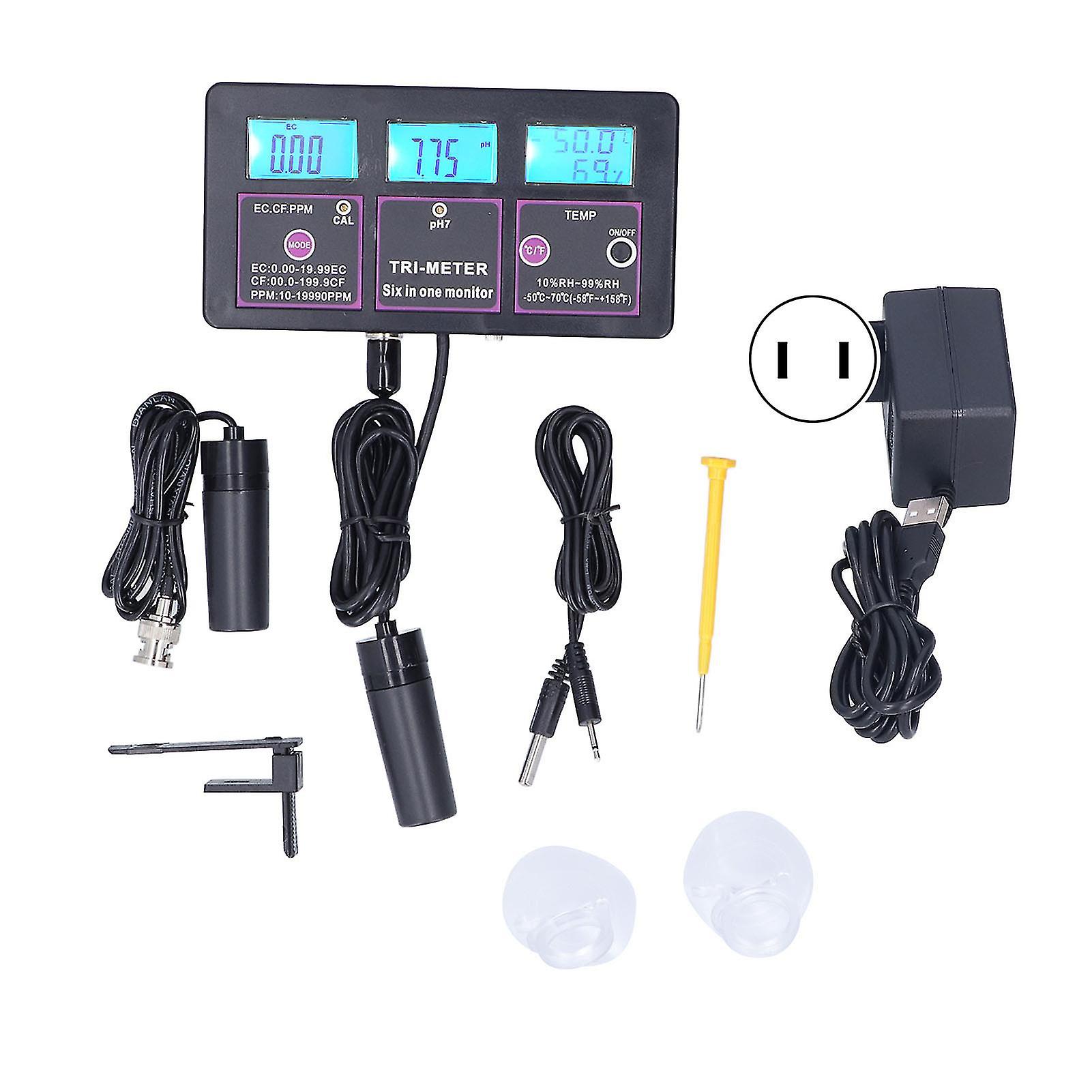 6-in-1 LCD Water Tester for Aquariums & Hydroponics - Monitors pH, Temp, EC, CF, RH, TDS (110V US Plug)