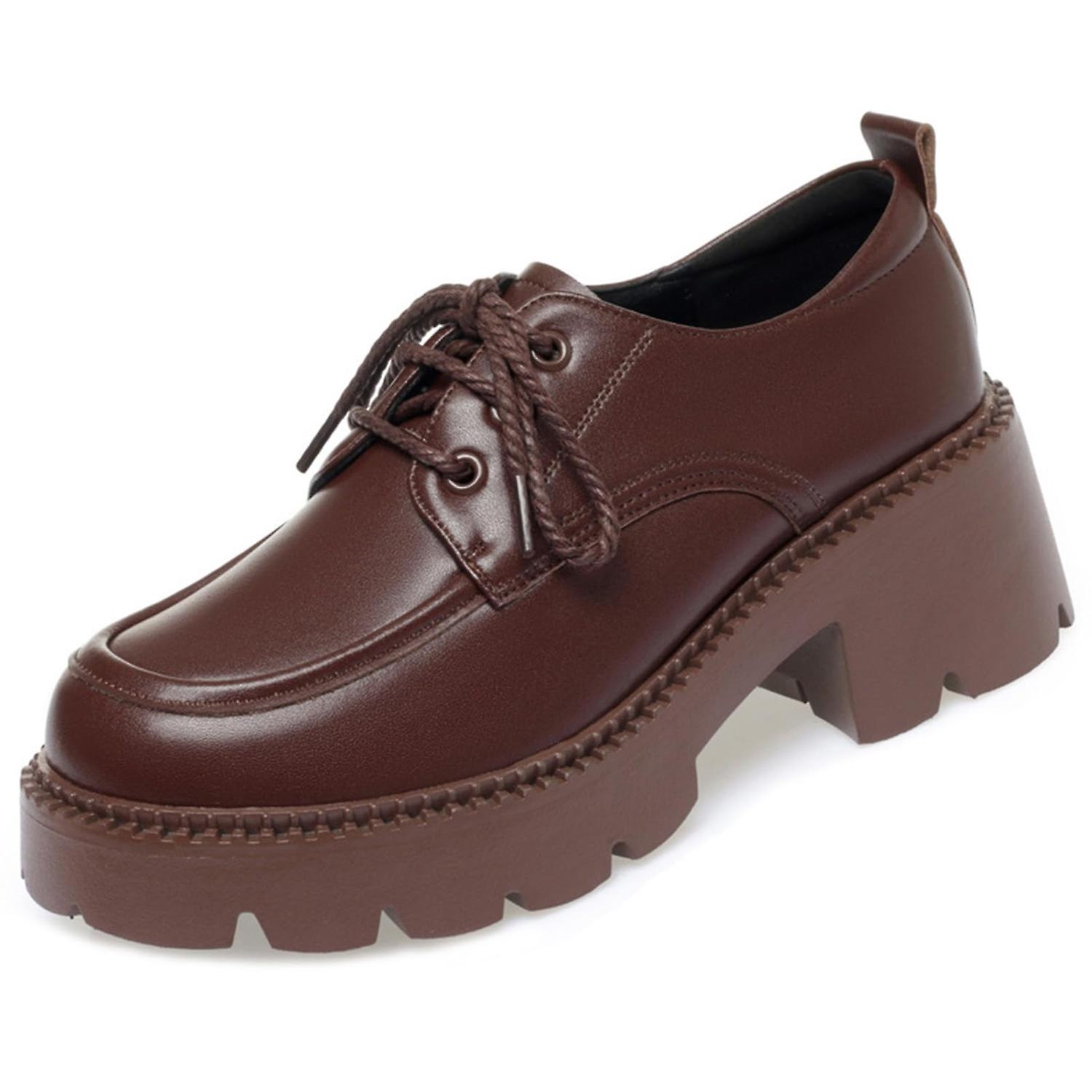 المرأة جلد طبيعي الدانتيل حتى منصة Wingtip أكسفورد أحذية الراحة خمر جولة اصبع القدم مكتنزة الكعب